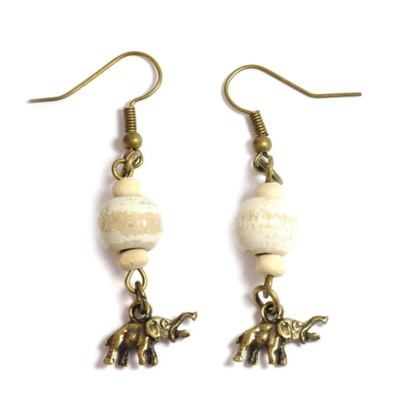 Wooden beads earrings with small elephant charm - ERE163