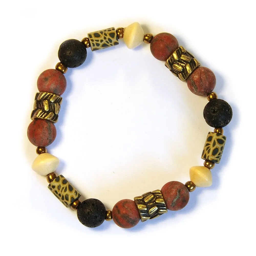 Sesame Jasper, lava stone, wood and leopard pattern polymer clay bracelet - BRE182F
