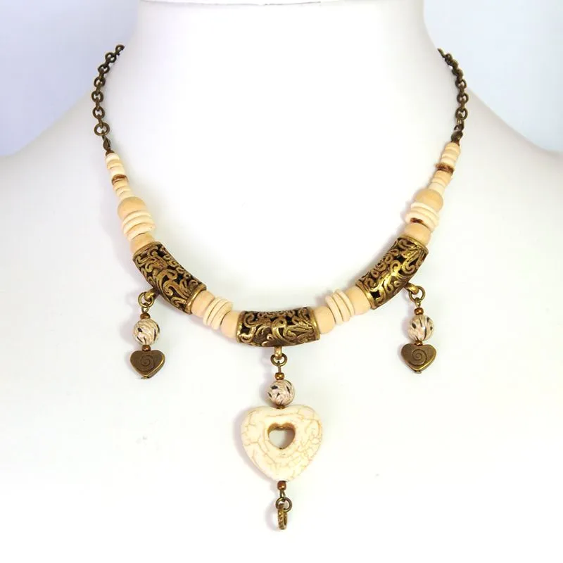 Howlite stone and polymer clay on necklace of coconut and bleached wood - NWGM09