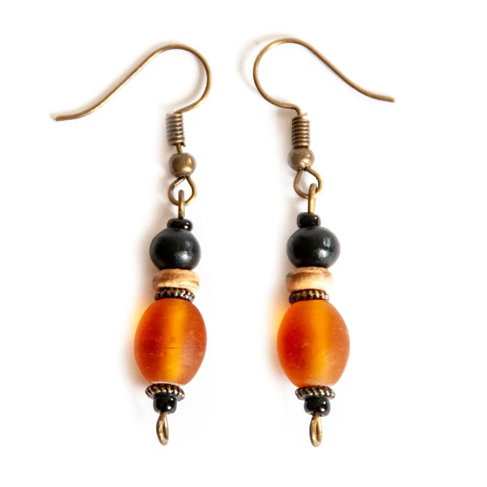 Amber colour frosted glass earrings with coconut and other wood - ERAS09