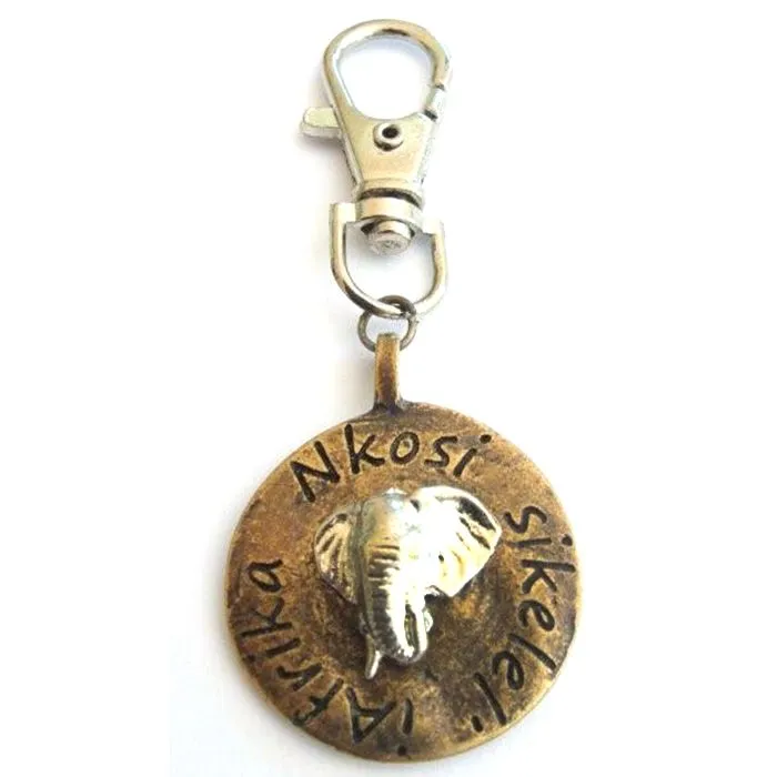 Elephant image on antique brass disc with bag clip attachment - BC01