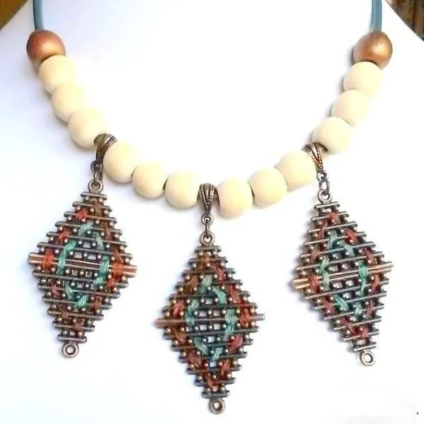 Grey leather with wooden beads and copper diamond-shaped castings - NWGM01A