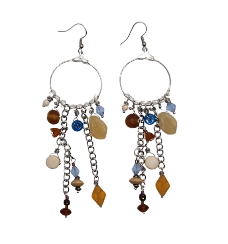 Earrings made with a selection of beads in shades of blue and tan - ERAS22