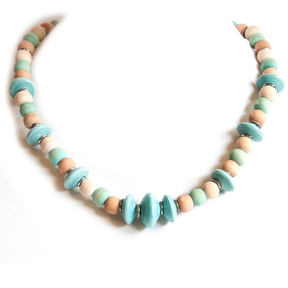 Paper beaded necklace with dye washed wood - NWE138