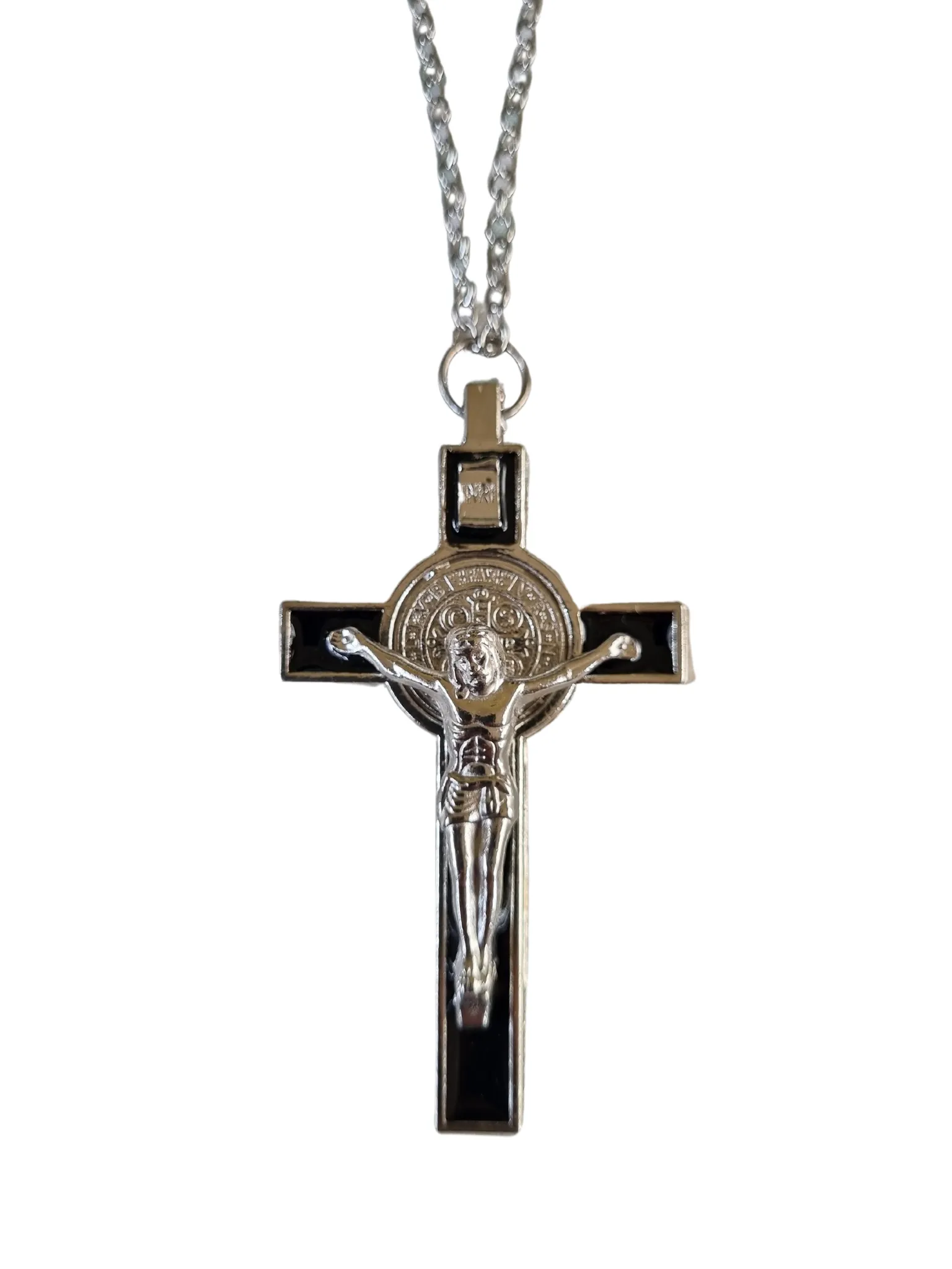 A silver crucifix with black enamel measuring 7.5cm long, 4.5cm wide on an 85cm chain - NWCH08A