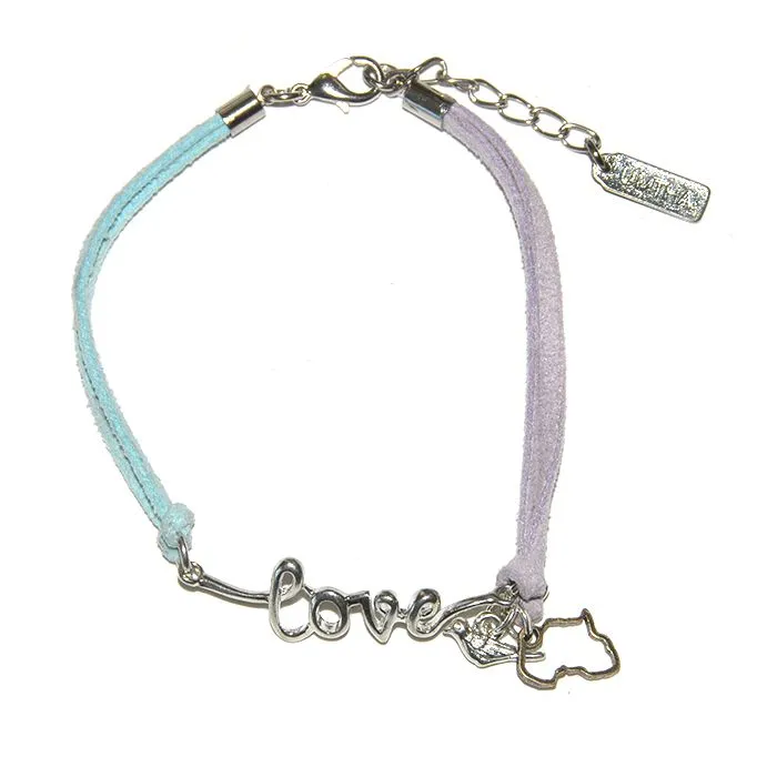 Silver coloured metal "love" with lilac and turquoise suede - BRLN40A