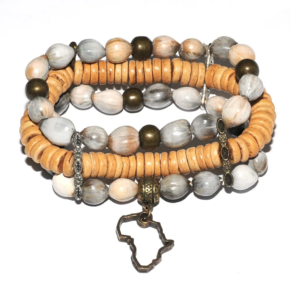 Grey seed, coconut wood & antique brass bracelet - BRE80A