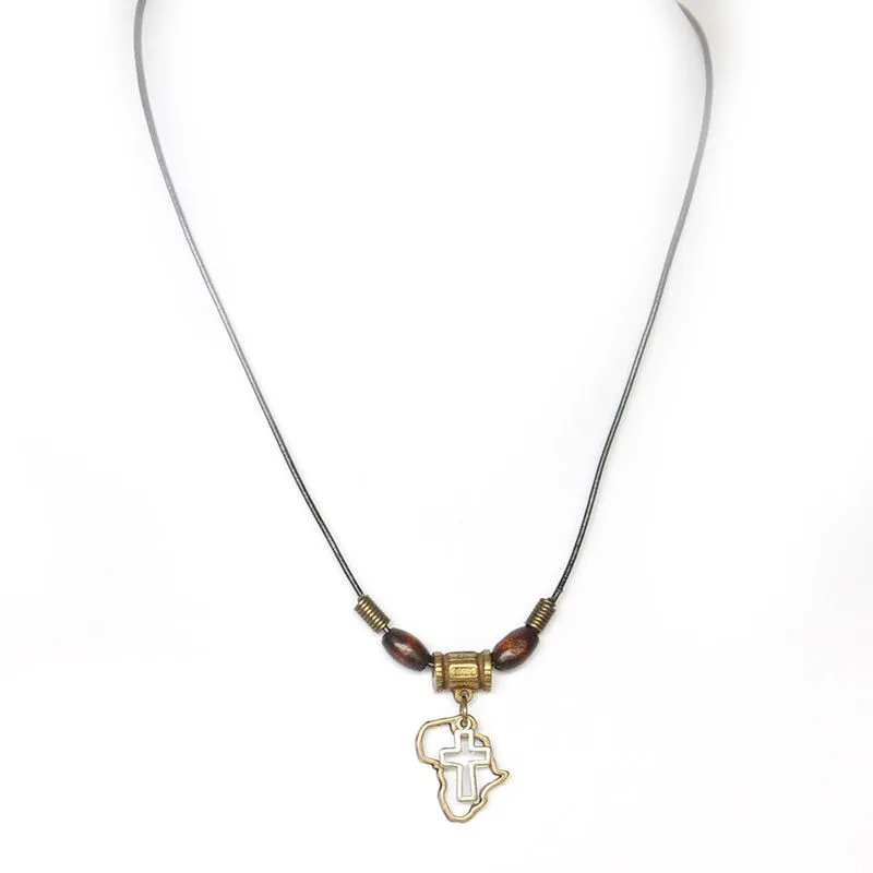 Cross and Africa map on black leather with wooden beads - NWCC55