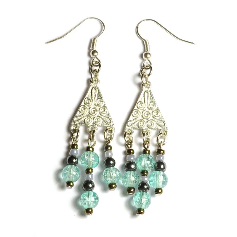 Silver coloured metal chandelier earrings with crackle and bronze glass and Hematite - ERLN42