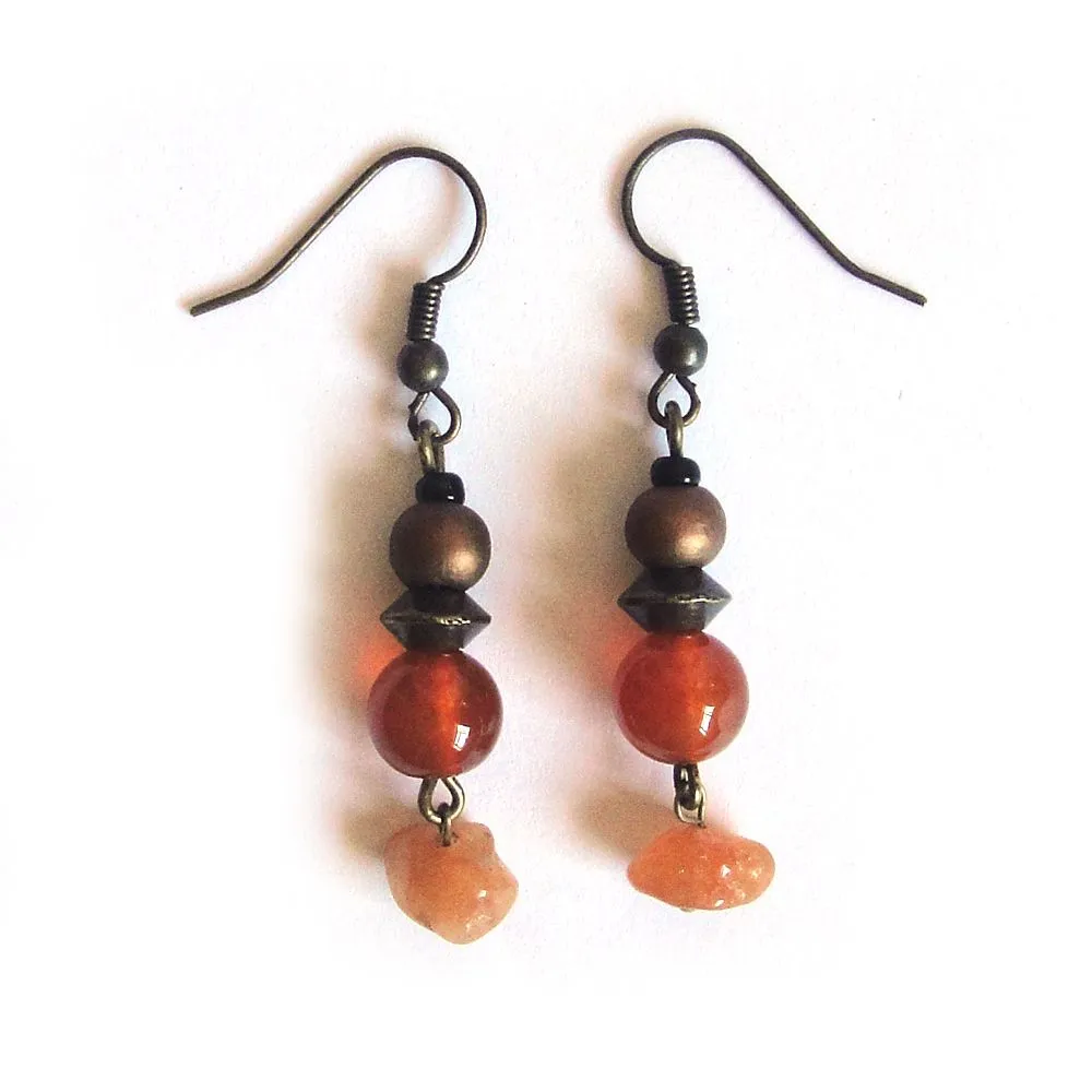 Carnelian gemstone earrings, aventurine chips with metallic wood - ERAS02