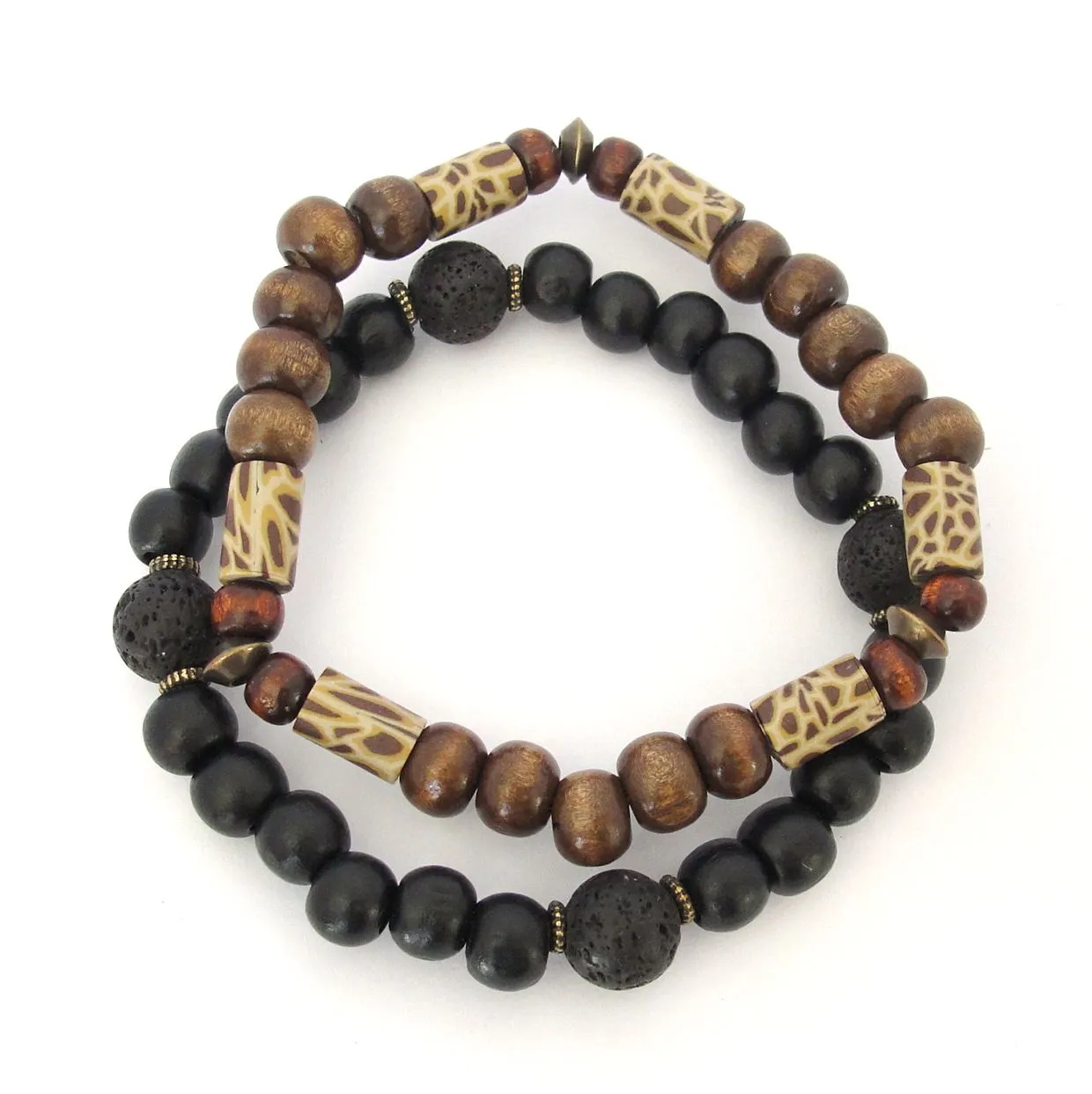 Two bracelet set - wood , lava stone, polymer clay and antique brass - BRM06