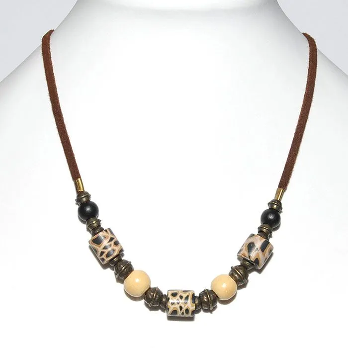 Animal skin polymer clay with bone/wood & antique brass beads on suede necklace - NWLLA
