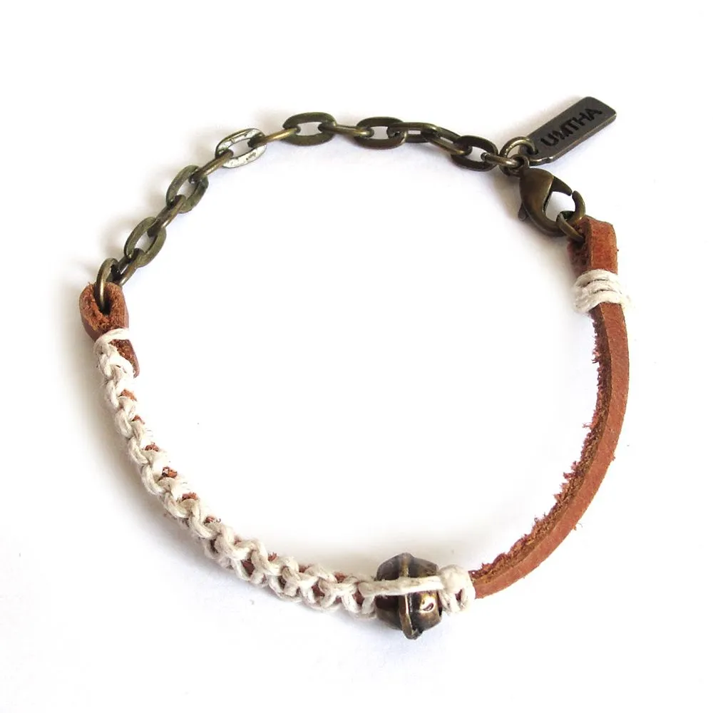 Tan leather and chain bracelet with hemp macrame detail - BRAS05