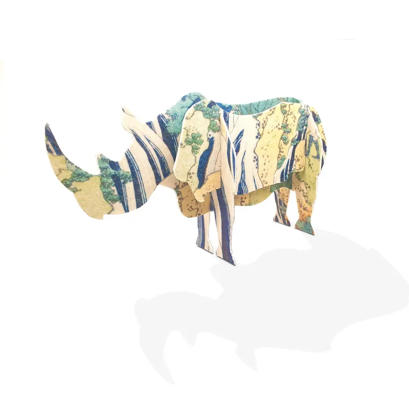 Rhino Sculpture - with Hokusai Art Print - Image 1