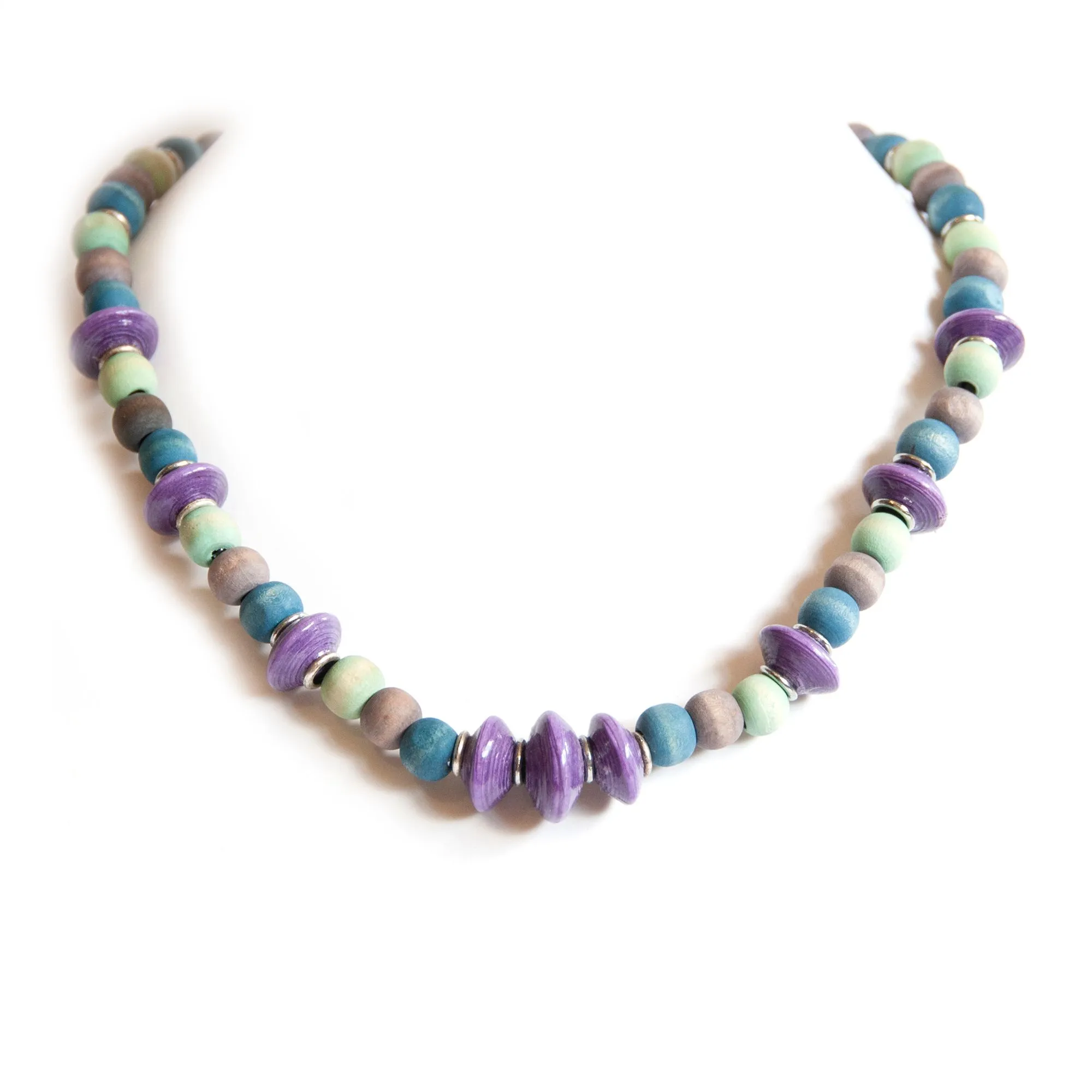 Paper beaded necklace with dye washed wood - NWE139