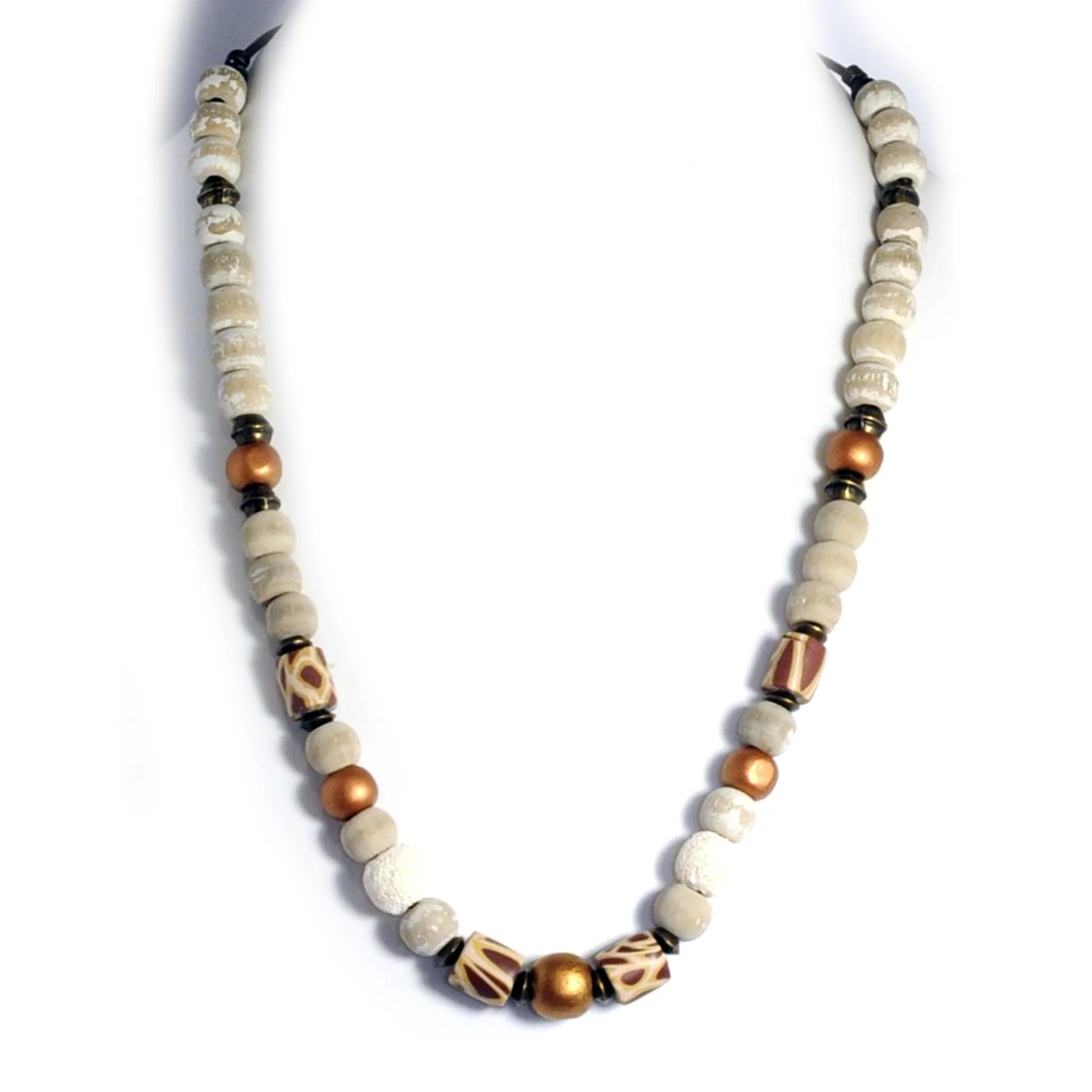 Bronze metallic leather necklace featuring wood, lava stone, polymer clay and antique brass - NWE163