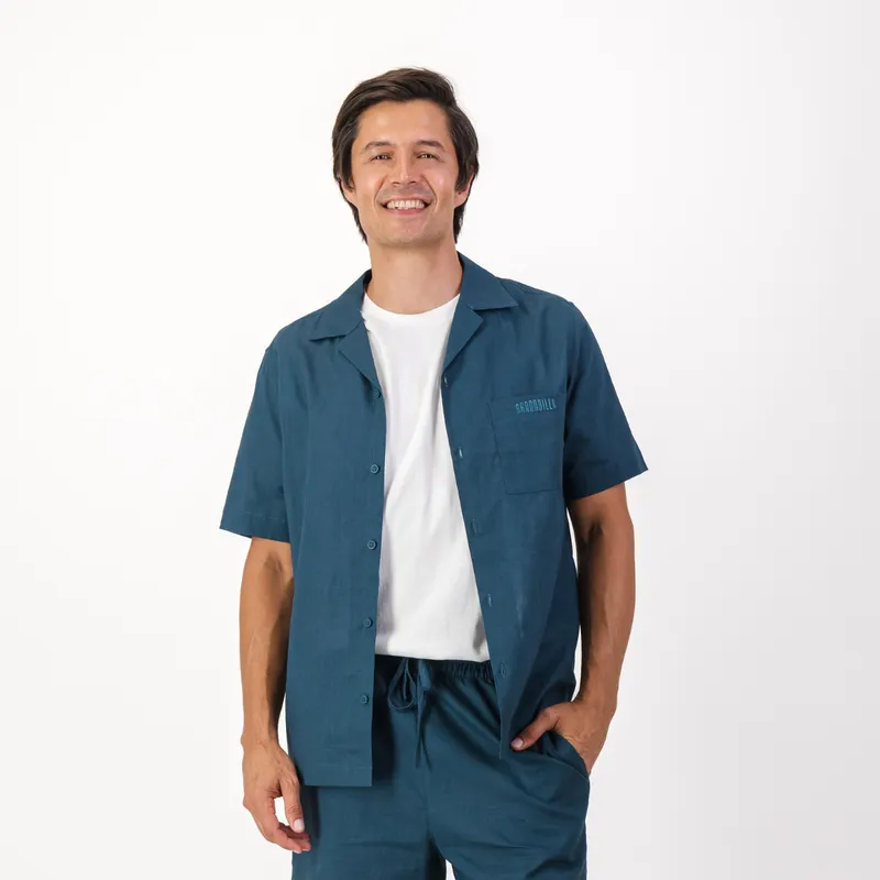 Mens Short Sleeve Revere Collar Shirt | Plain / Teal - Image 1
