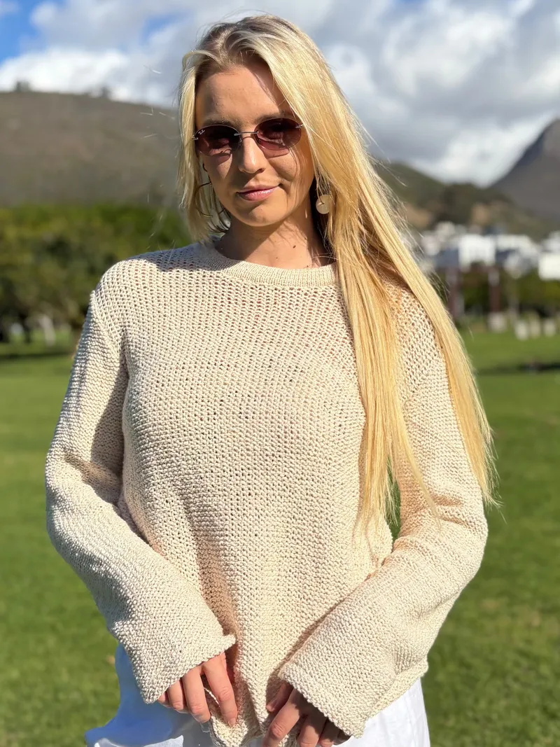 Ladies Thick Rib Round Neck Pullover - Cream - Image 1