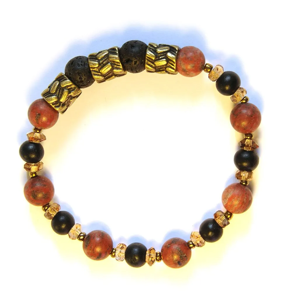 Antique brass feature highlighting sesame jasper, wood and lava stone bracelet - BRE182L