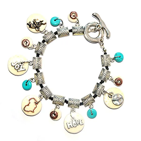 Ostrich eggshell buttons bracelet with charms and Turquoise stone - BRE105