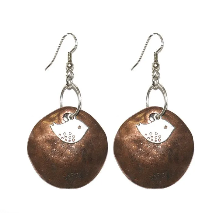 Silver coloured birds on copper plated discs earrings - ERLN32