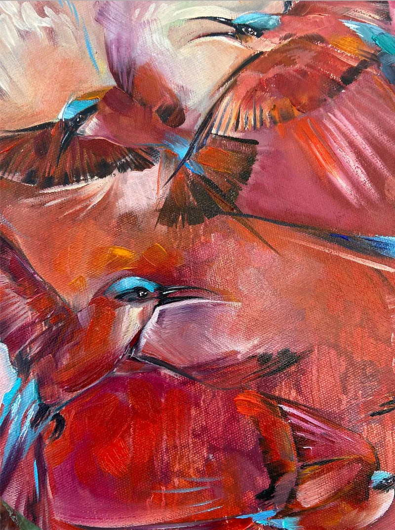 Southern Carmine Bee-eater Mini oil-on-canvas - Image 2