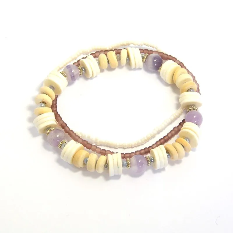 Coconut wood with ostrich eggshell and polished banded Amethsyt bracelet - BRE37B
