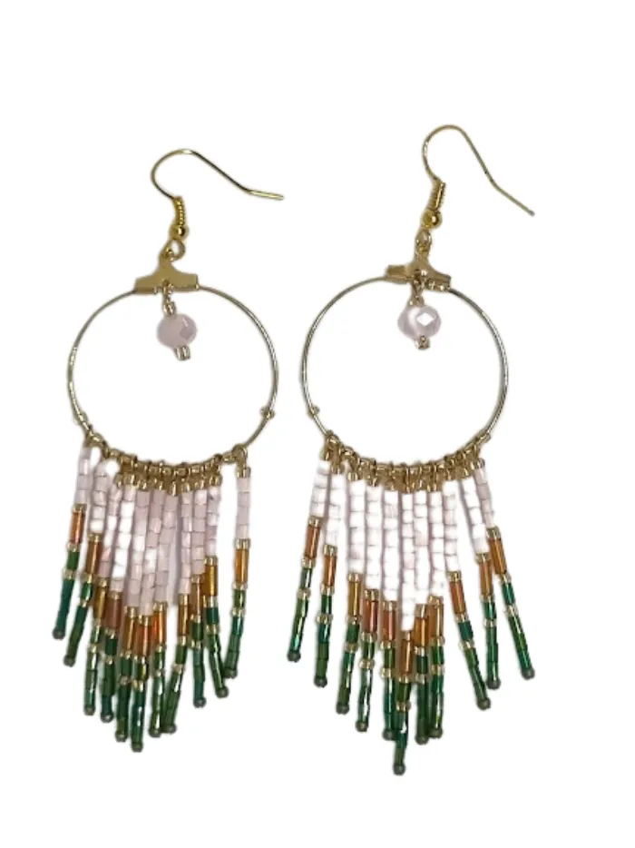 Earrings made with gold coloured hoops and a pink and green fringe - ERPE03