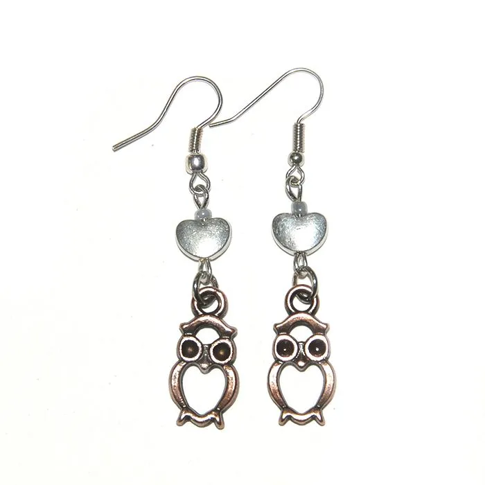Small copper plated owls with silver coloured metal hearts earrings - ERLN09
