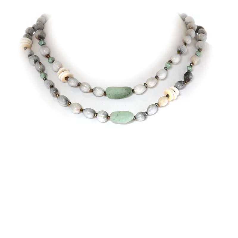 Zulu "teething beads" with tumbled Aventurine stones, ostrich eggshell and Czech glass necklace - NWE90C