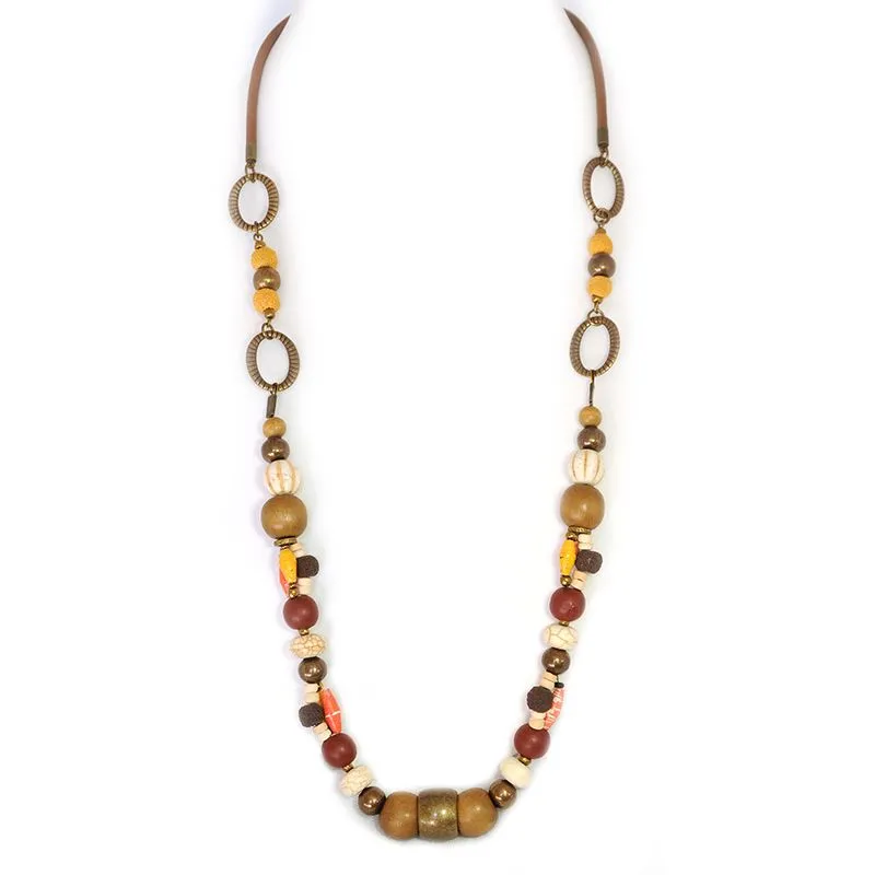 Brown leather neckpiece with assorted beads - NWGM05