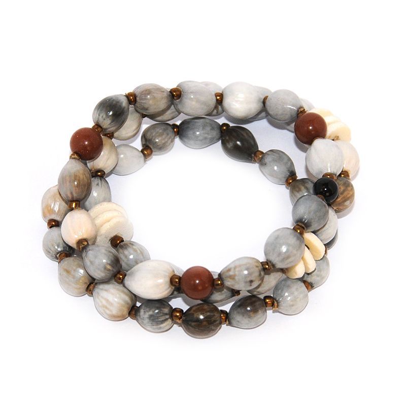 3 bracelets with Zulu seeds, ostrich eggshell and Goldstone and Onyx stones - BRE90A