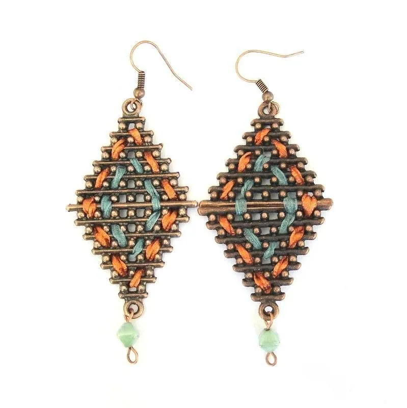 Diamond-shaped castings threaded with rust and aqua ribbon - ERGM01A