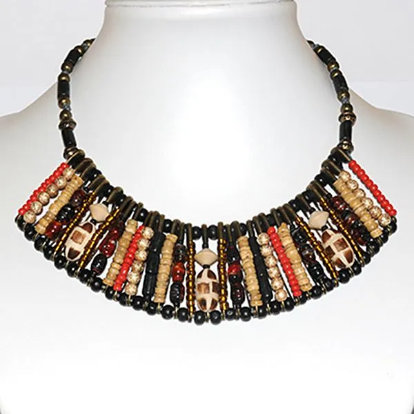 Burnt wood antique brass safety pin necklace - NWE120