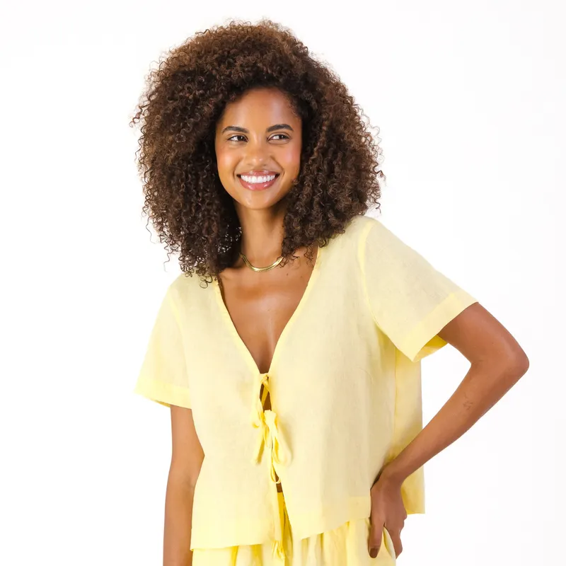 Womens Short Sleeve Tie Top / Plain / Yellow - Image 1