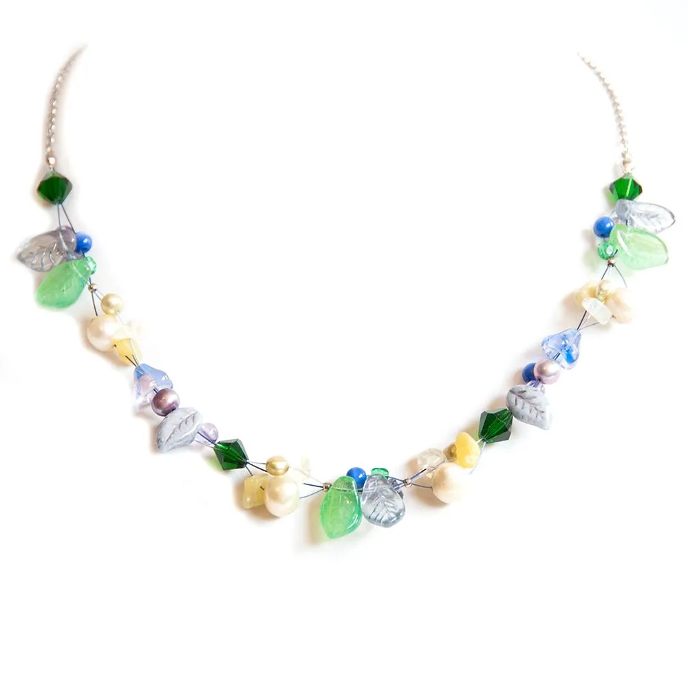 Necklace inspired by Agapanthus hues. Freshwater pearls, Czech and other glass, gemstone chips - NWAG02