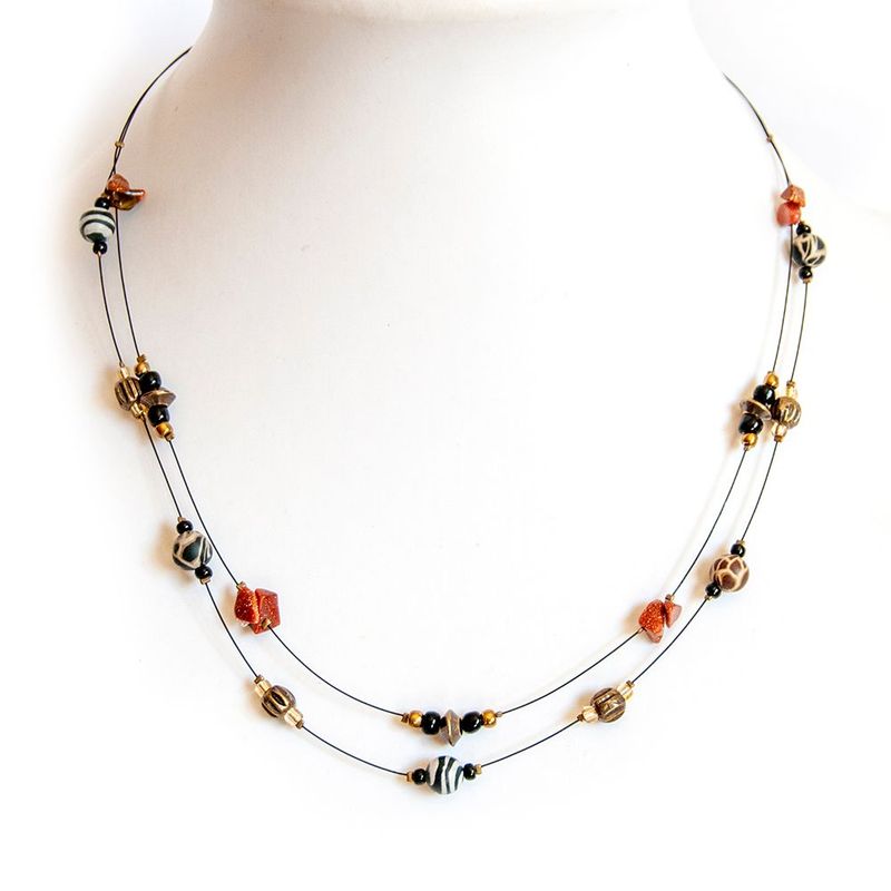 Double strand black nylon coated wire necklace with assorted gemstones chips - NWAS01