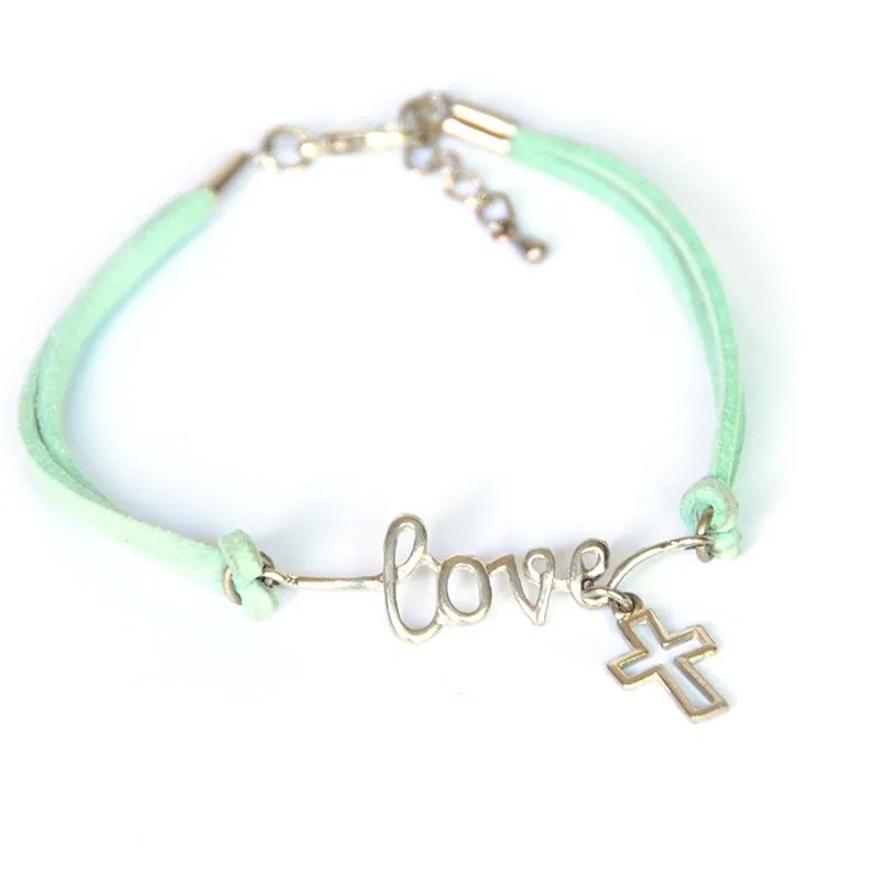 Faux suede bracelet with love and cut-out cross symbols - BRSF19