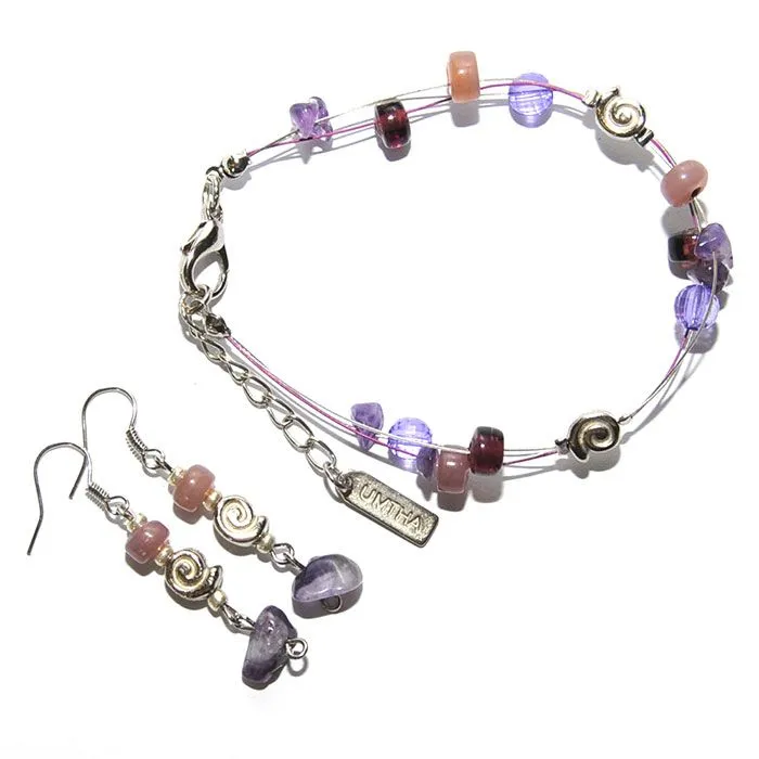 Amethyst chips & glass bracelet with matching earrings set - BEG06