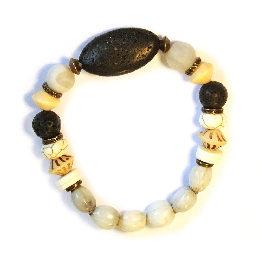 Grey Zulu seeds, ostrich eggshell and lava stone bracelet - BRE188