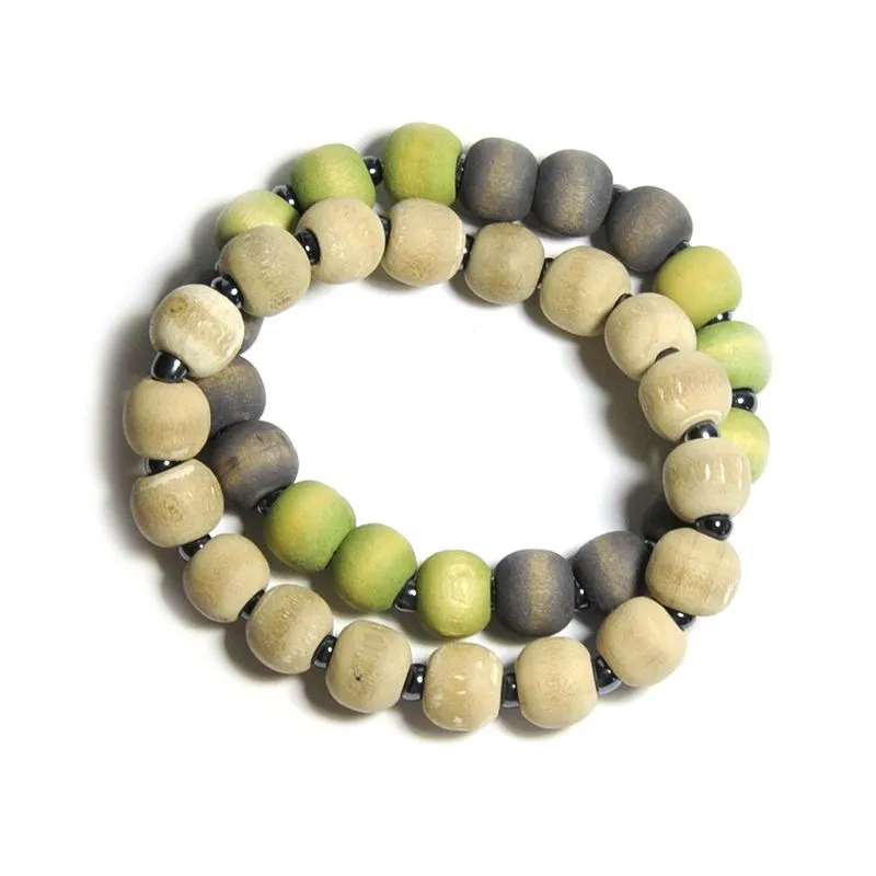 2 bracelet set. Wood with small glass beads - BRE136