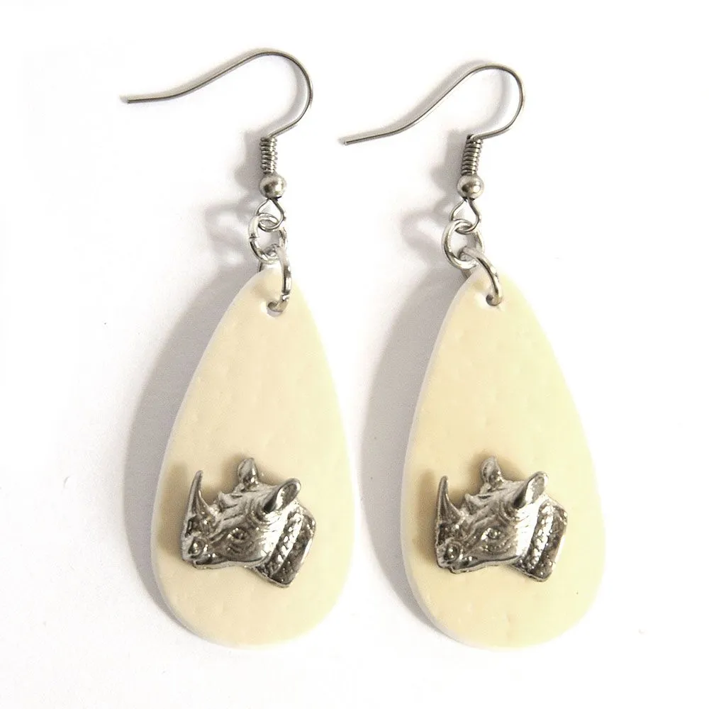 Ostrich eggshell earrings with rhino heads - ERE191