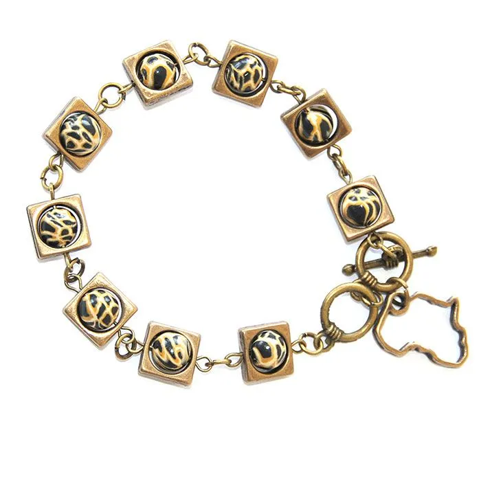 Antique brass squares with "leopard skin" with Africa charm bracelet -  BRE88A