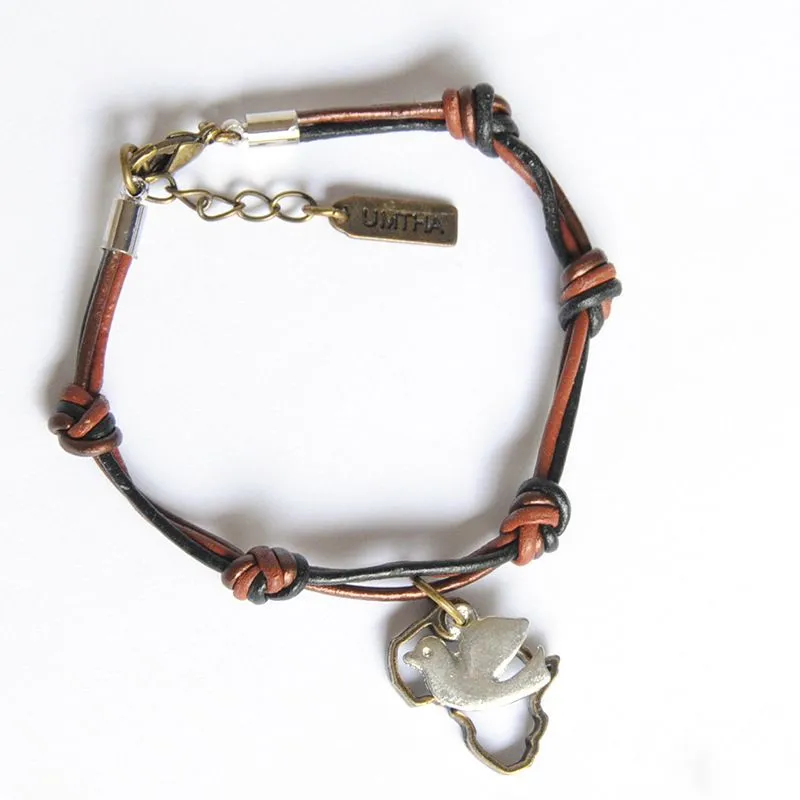 Black, brown and bronze leather bracelet with Africa map and dove emblems - BRBN07ACH