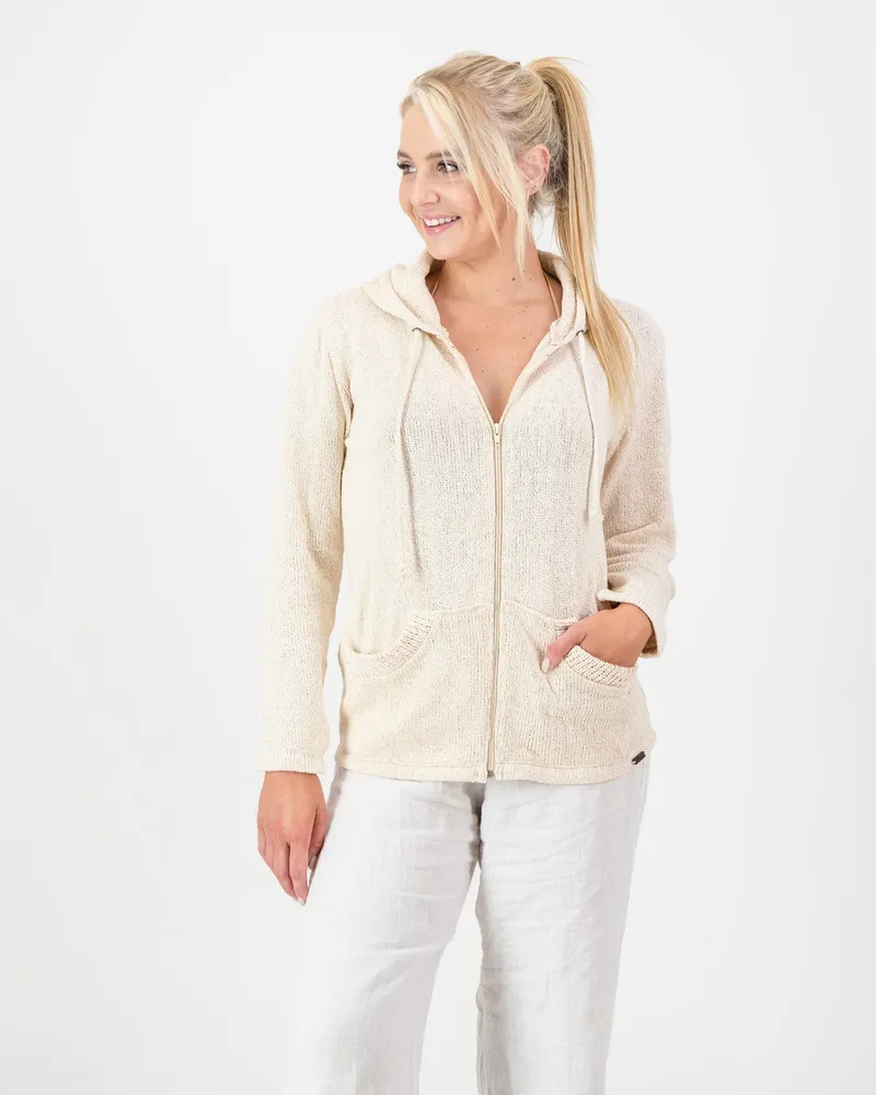 Ladies Knitted Pocket Hoodie - Cream - Image 1