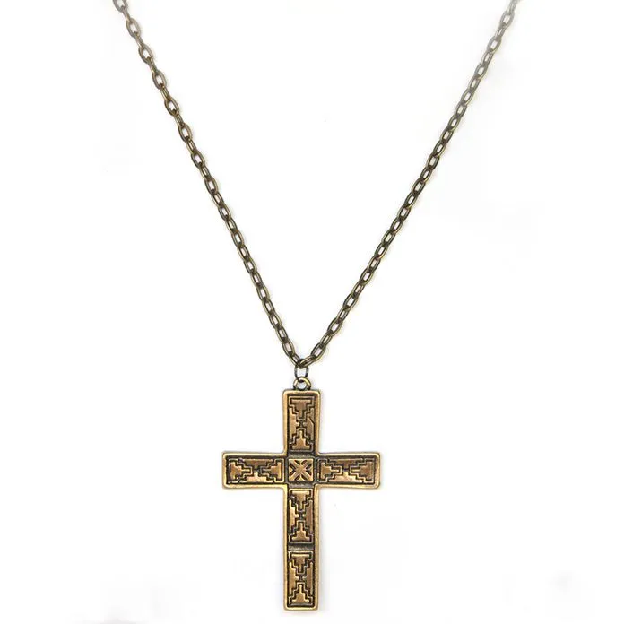 Large antique brass cross necklace with ethnic design - NWLBC