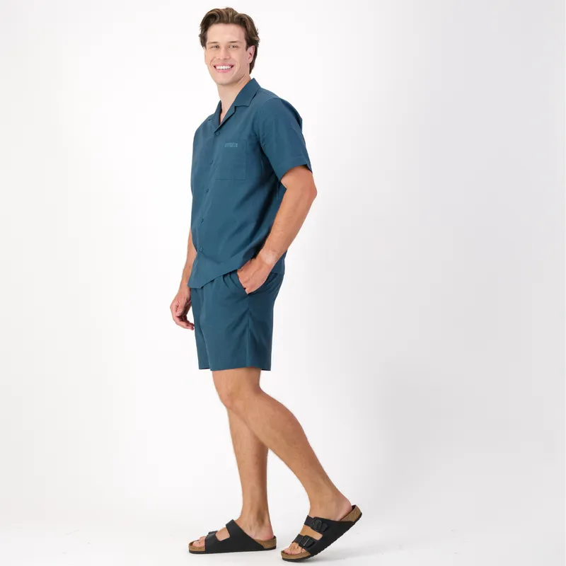 Mens Short Sleeve Revere Collar Shirt | Plain / Teal - Image 4