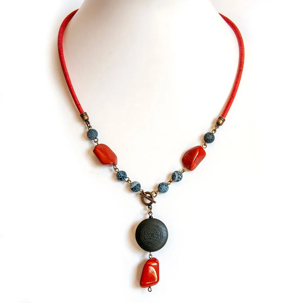 Wooden pendant with black crackle agates and jasper gemstones, on cork - NWAS02