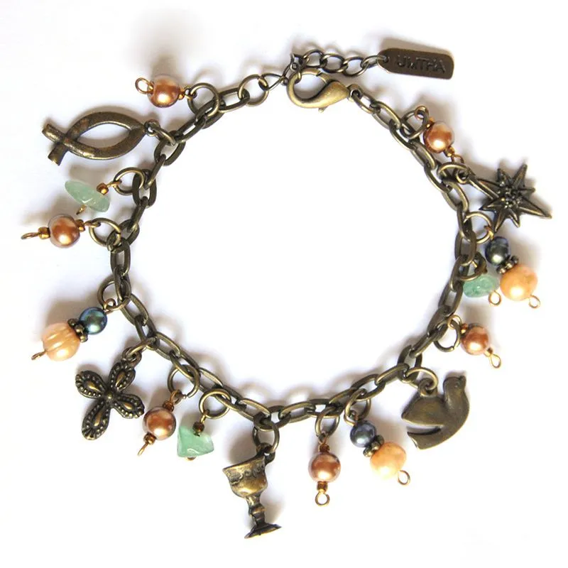 "Life of Jesus" bracelet. Copper, peacock, peach coloured beads, freshwater pearls with Christian symbols - BRSF901A