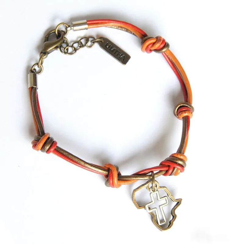 Orange, red and bronze leather with Africa map and small cut-out cross - BRBN07CH